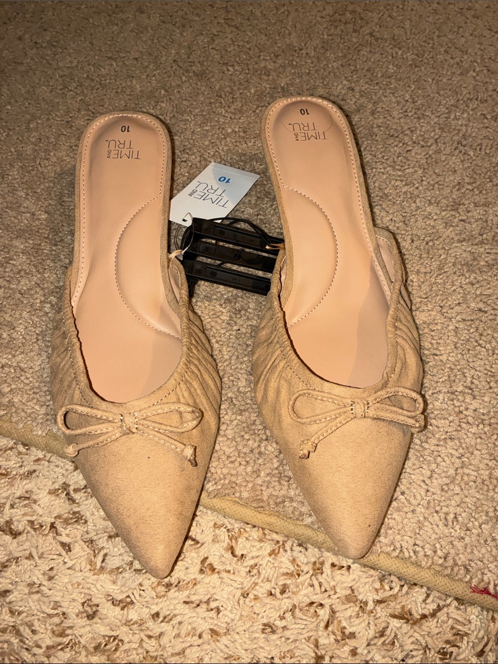 Time and Tru Nude Pointed-Toe Bow Backless Flats slingbacks size 10